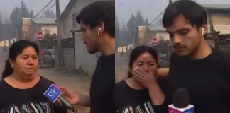 Martín Ortiz consolando a una pobladora en una compleja cobertura para Chilevisión