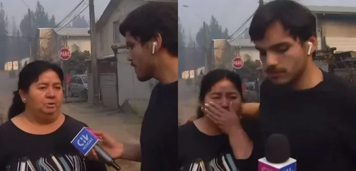 Martín Ortiz consolando a una pobladora en una compleja cobertura para Chilevisión