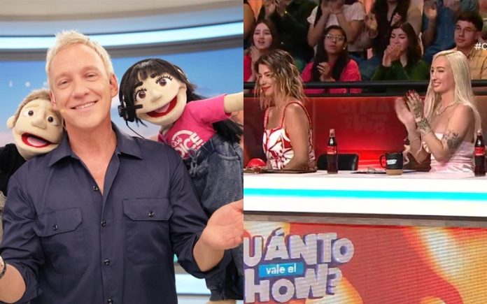 El animador Julián Elfenbein en el estudio de "¿Cuánto Vale el Show?", con un gráfico que muestra el ajustado segundo lugar del programa en su debut.