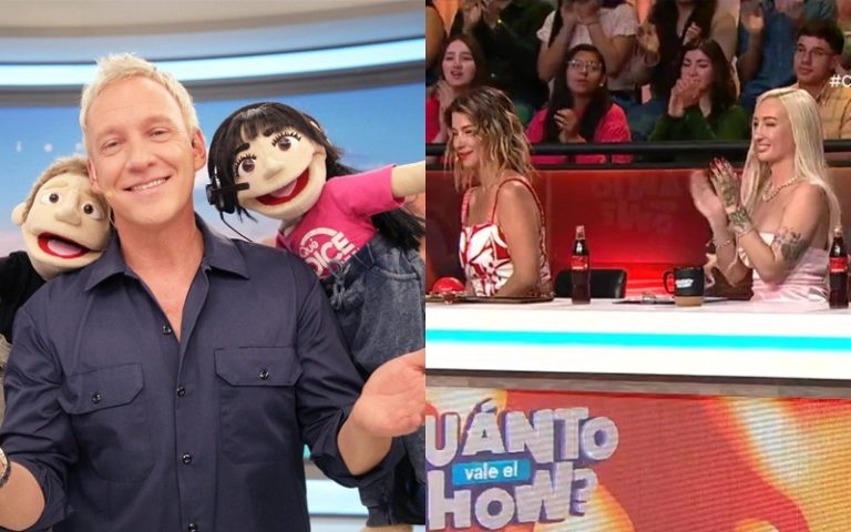 El animador Julián Elfenbein en el estudio de "¿Cuánto Vale el Show?", con un gráfico que muestra el ajustado segundo lugar del programa en su debut.